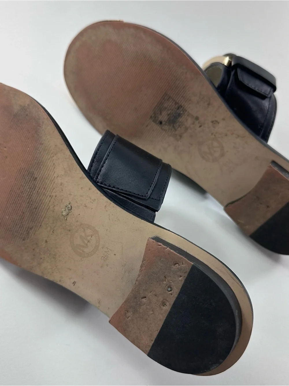 MICHAEL Michael Kors Black Leather Buckle Toe-Ring Slides with Gold Trim